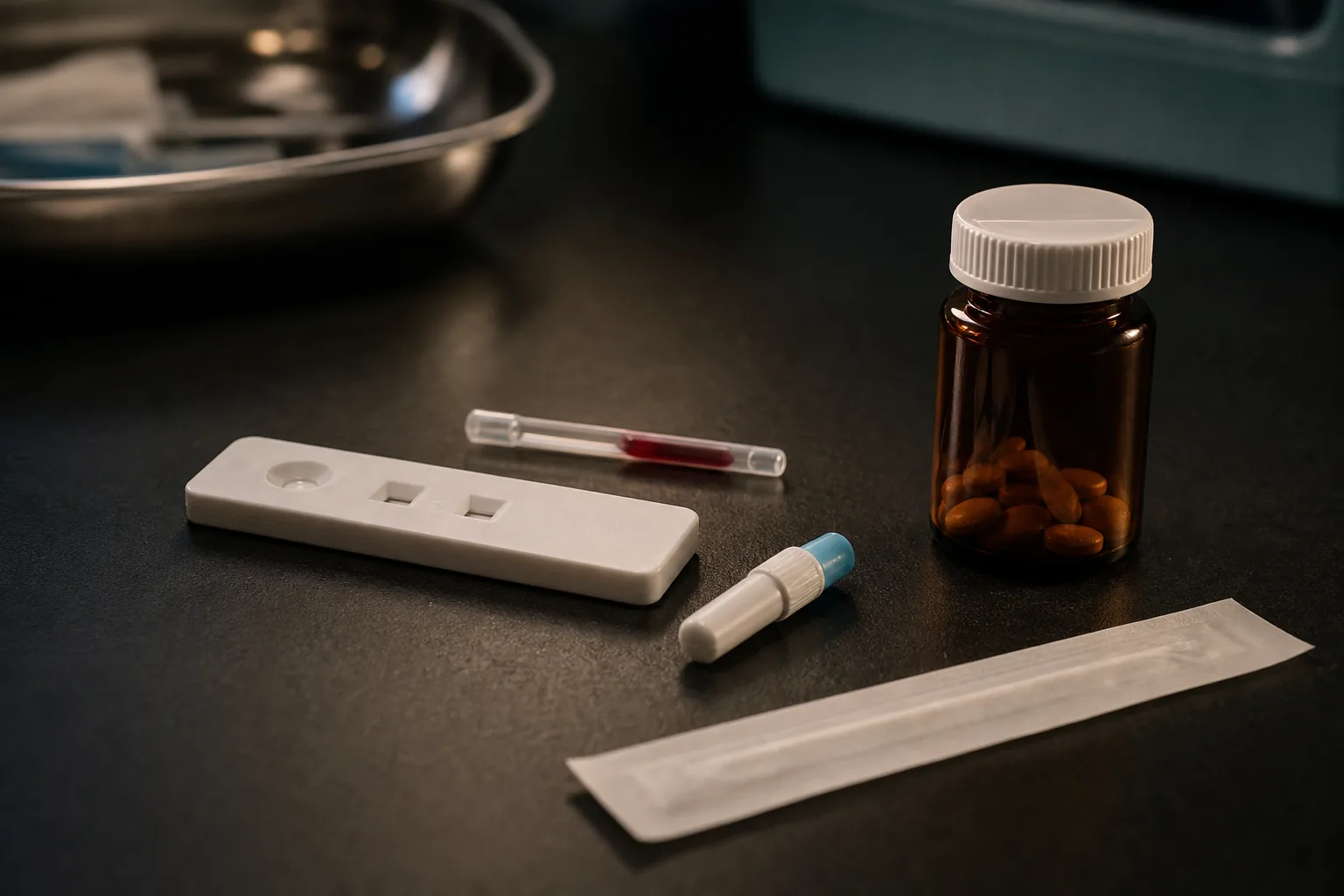 کیت تست سریع HIV، نمونه خون و بطری داروی ضدویروس روی میز تیره
