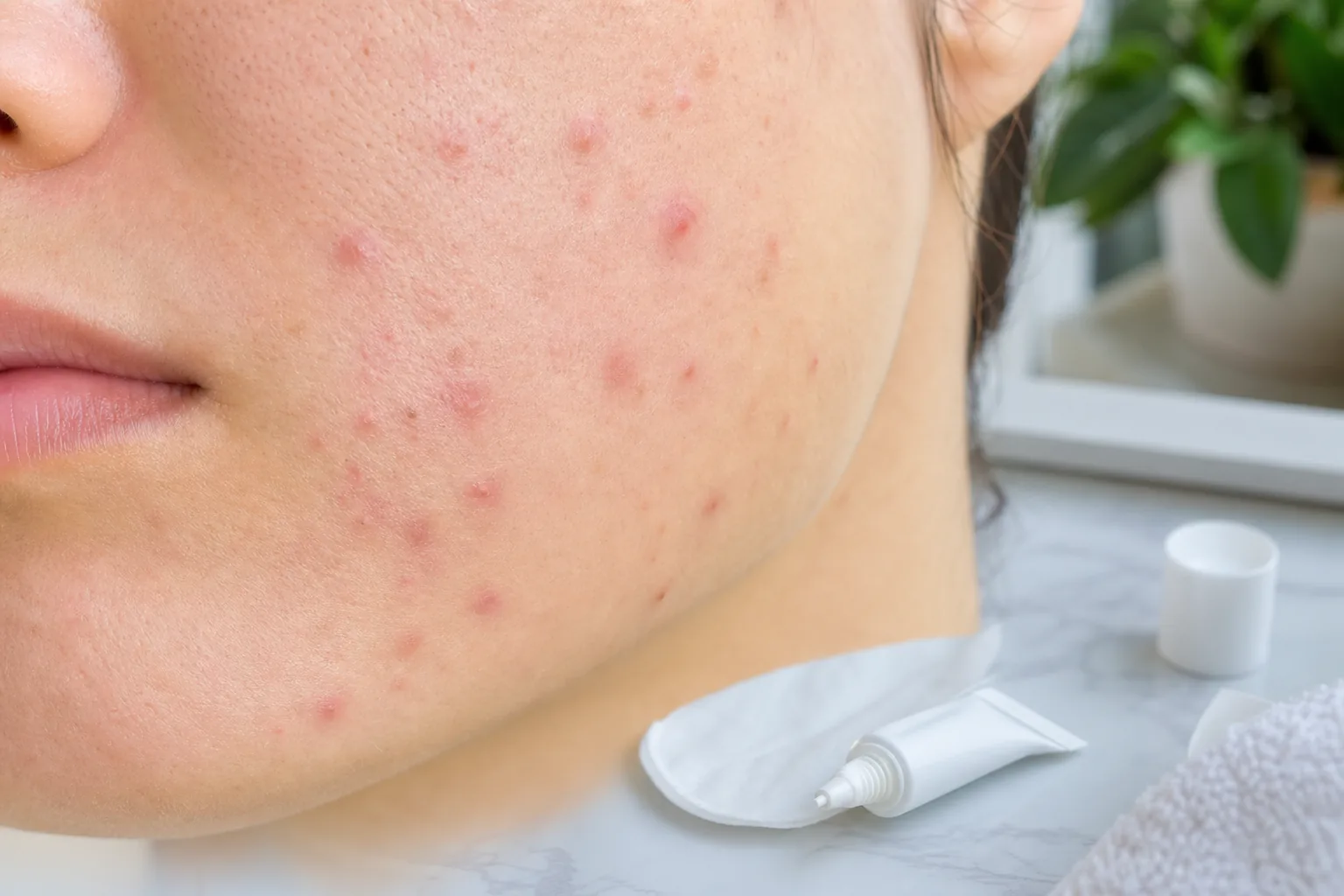 نمای نزدیک پوست صورت دارای آکنه و درمان موضعی