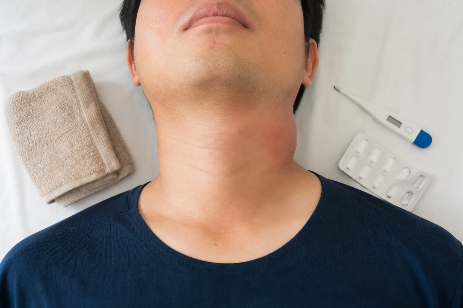 تورم یک‌طرفه گردن همراه با کمپرس گرم و تب‌سنج برای مقاله آبسه عمقی گردن