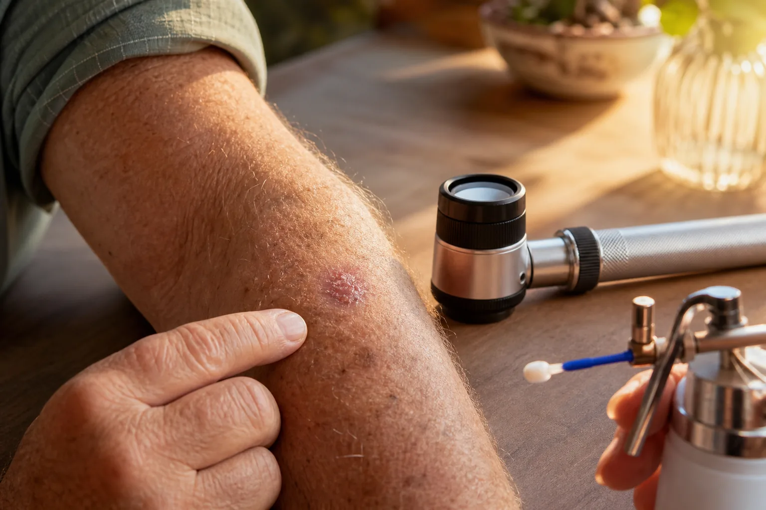 تصویر کراتوز اکتینیک روی پوست آفتابخورده همراه ابزار ارزیابی و درمان