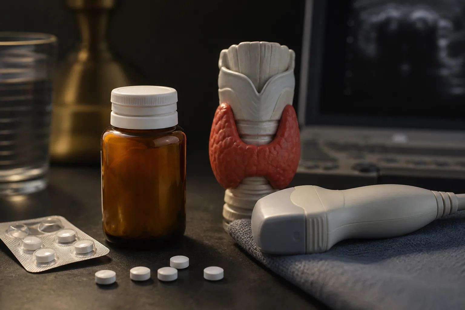 تصویر مفهومی کم‌کاری تیروئید با قرص جایگزینی هورمون، مدل تیروئید و پروب سونوگرافی