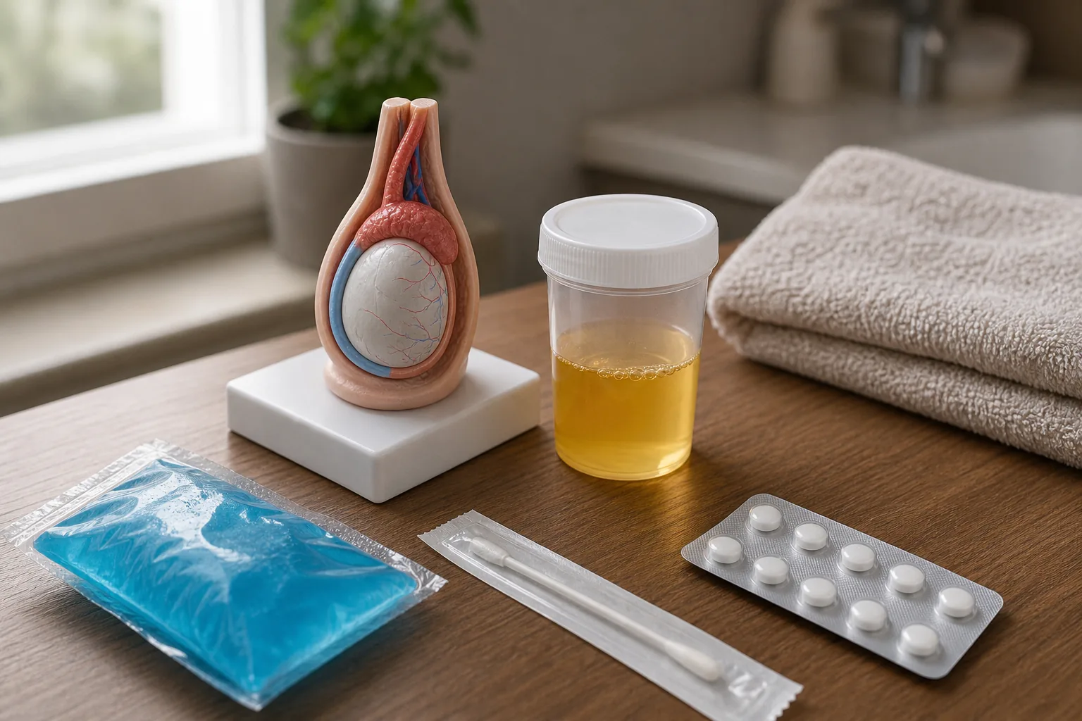 تصویر آموزشی تشخیص و درمان اپیدیدیمیت و ارکیت با مدل آناتومی بیضه، نمونه ادرار، سواب و کمپرس سرد