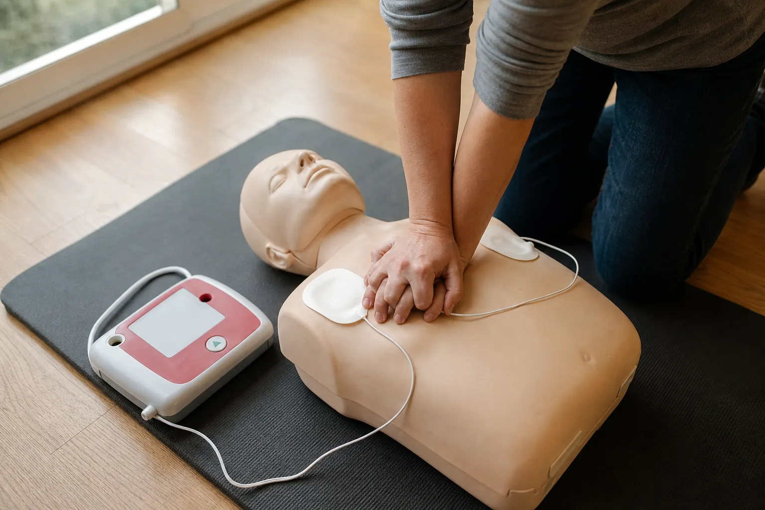 نمای آموزشی احیای قلبی ریوی با مانکن CPR و دستگاه شوک خودکار