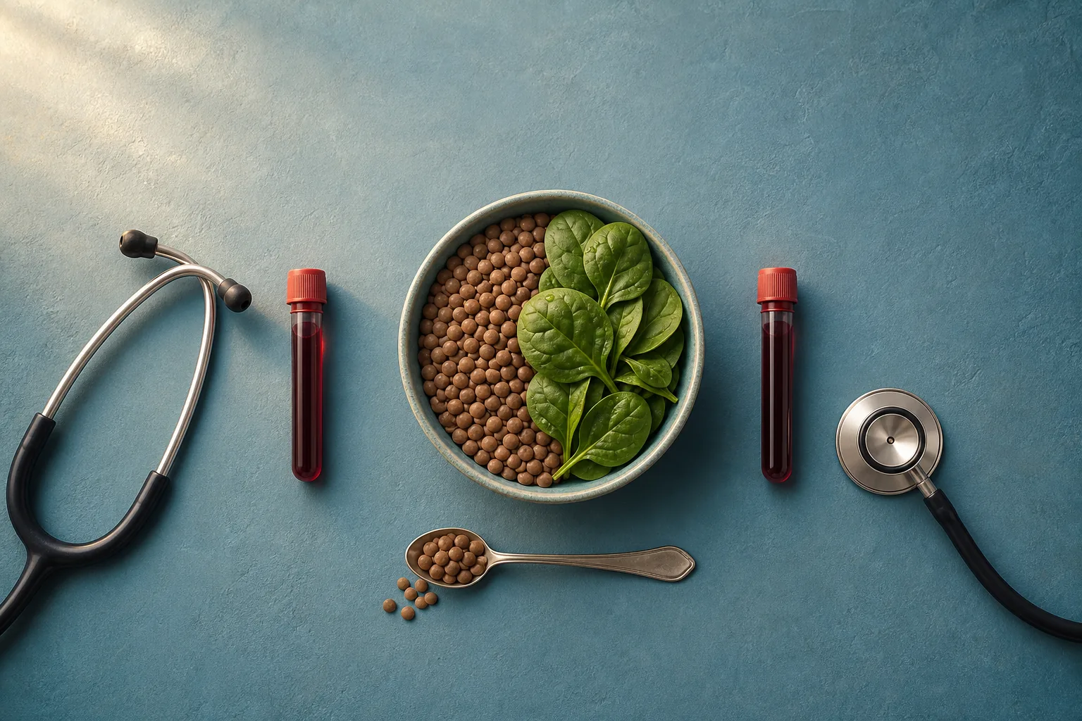 چیدمان عدس، اسفناج، نمونه خون و گوشی پزشکی برای ارزیابی کم‌خونی