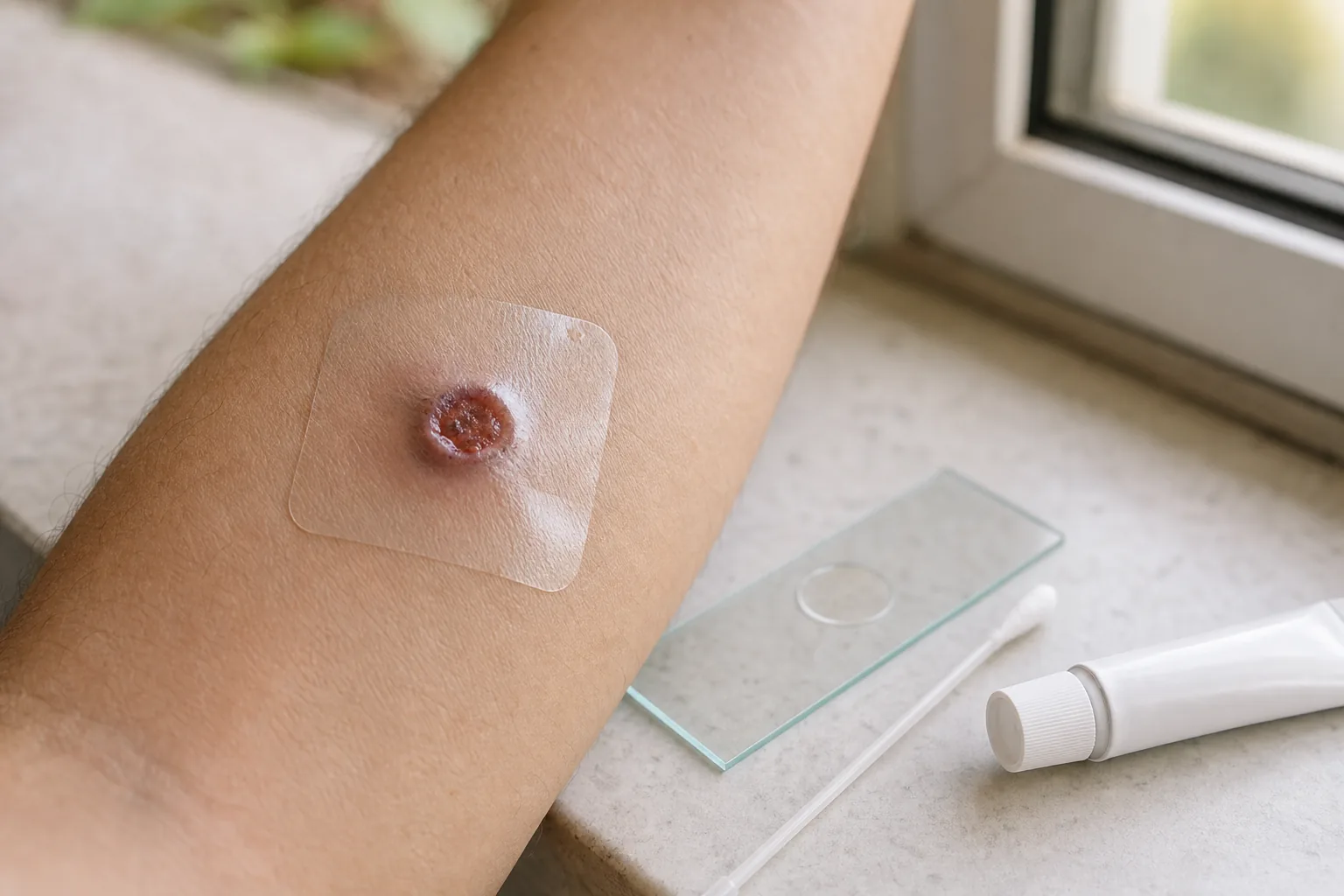 تصویر نزدیک از ضایعه پوستی لیشمانیوز کنار لام آزمایش و ابزار نمونه‌برداری