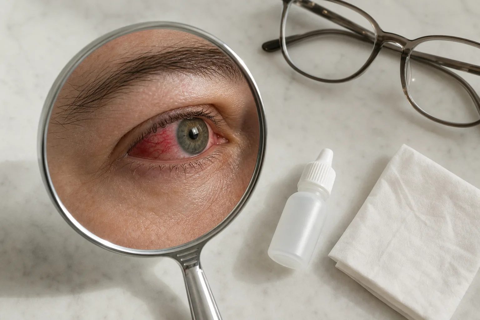 تصویر نزدیک از قرمزی چشم در آینه برای اسکلریت و اپیاسکلریت