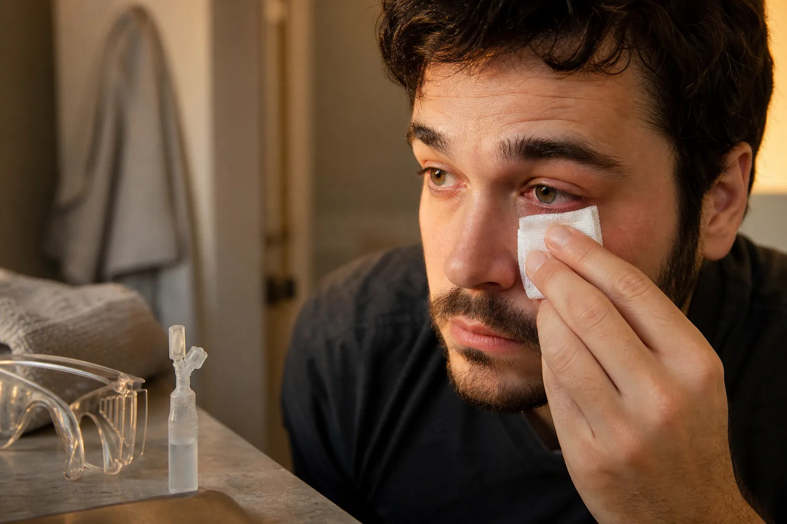مراقبت اولیه پس از تروما چشم با گاز استریل، شست‌وشوی ملایم و عینک محافظ