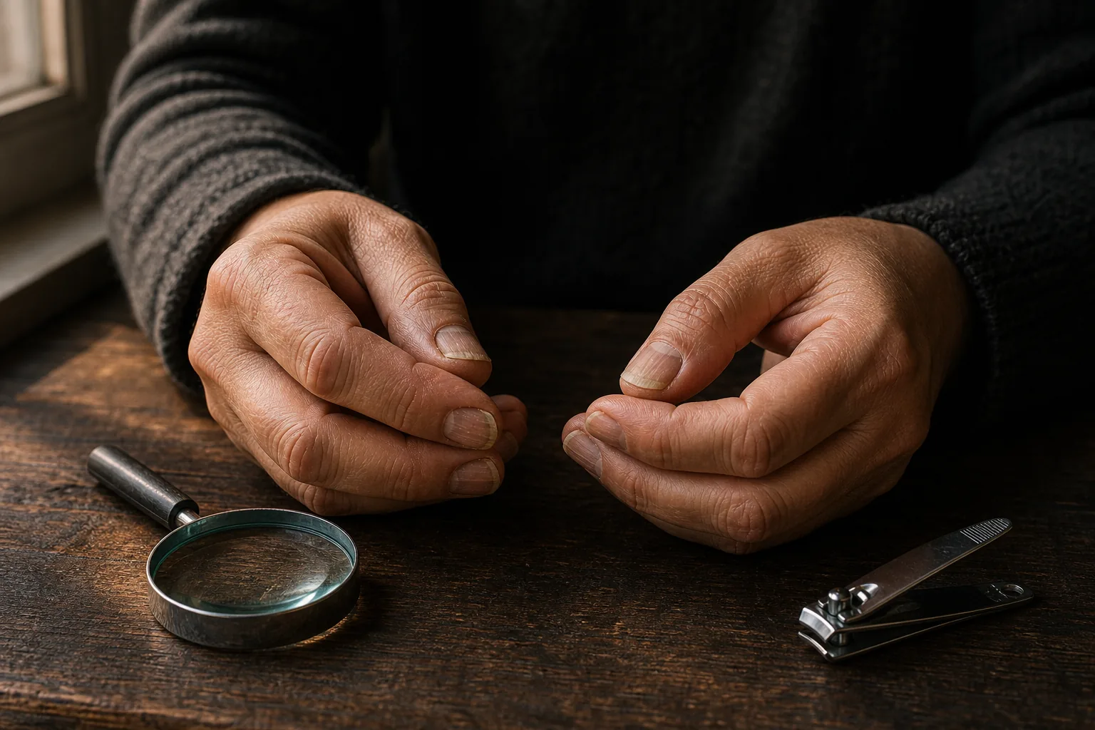 نمای نزدیک ناخن‌های دست با شیار و تغییر رنگ خفیف کنار ذره‌بین و ناخن‌گیر