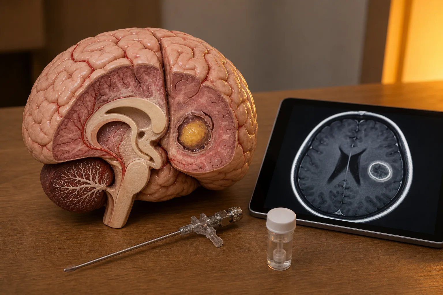 مدل مغز با نشانه آبسه مغزی، تصویر MRI و ابزار نمونهبرداری برای تشخیص و درمان