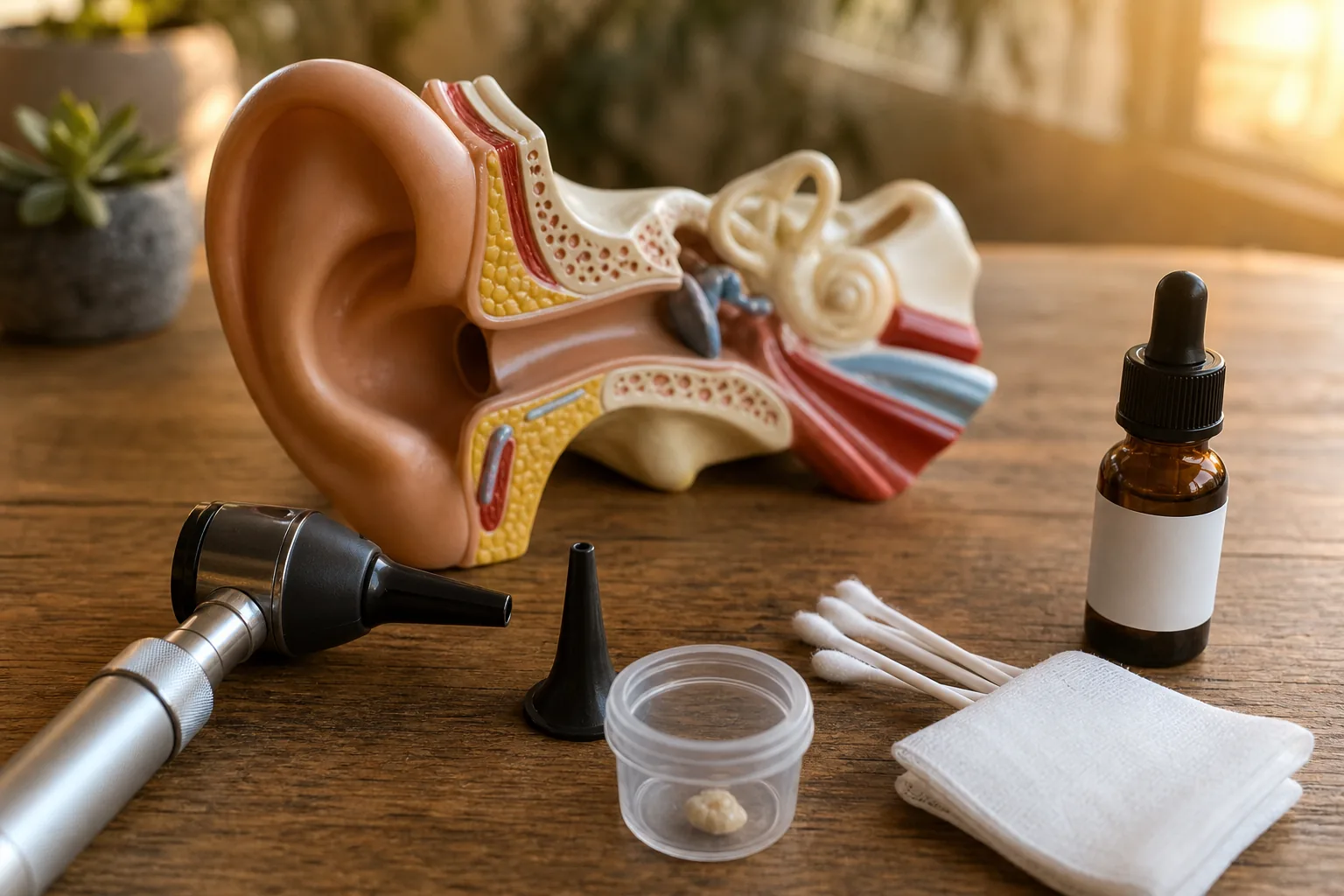 تصویر آموزشی اوتیت مزمن و کلستئاتوم با مدل گوش و اتوسکوپ