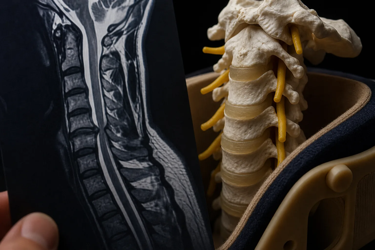 تصویر MRI گردن و مدل مهره‌ها برای میلوپاتی و فشردگی نخاع