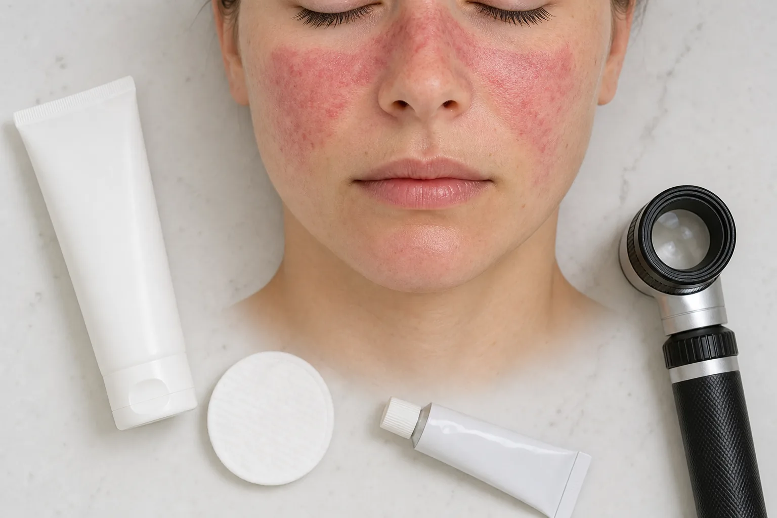 راش پروانهای صورت در لوپوس اریتماتوز پوستی کنار ضدآفتاب و ابزار معاینه پوست