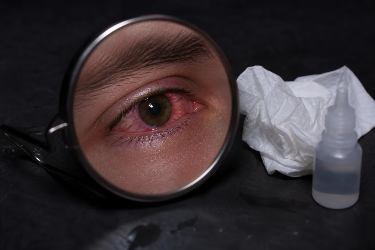 چشم قرمز در آینه دستی کنار قطره چشم و دستمال