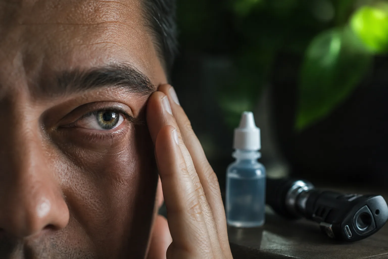 نمای نزدیک چشم همراه با قطره چشمی و ابزار معاینه برای مقاله درد چشم