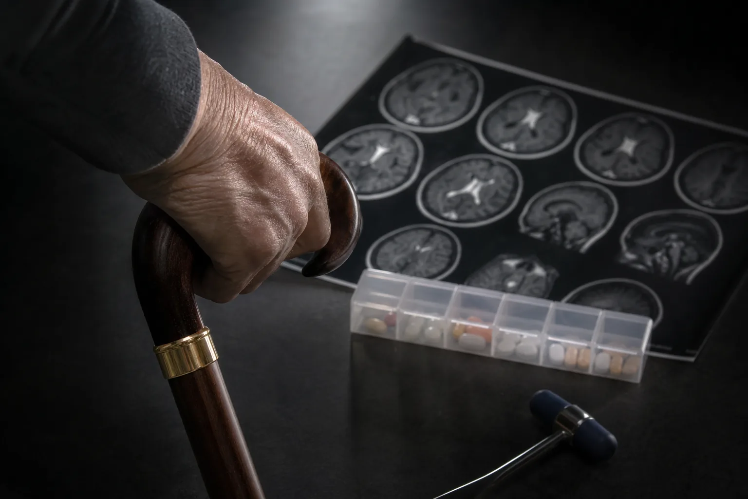 تصویر مفهومی مالتیپل اسکلروزیس با عصا، دارو و MRI مغز