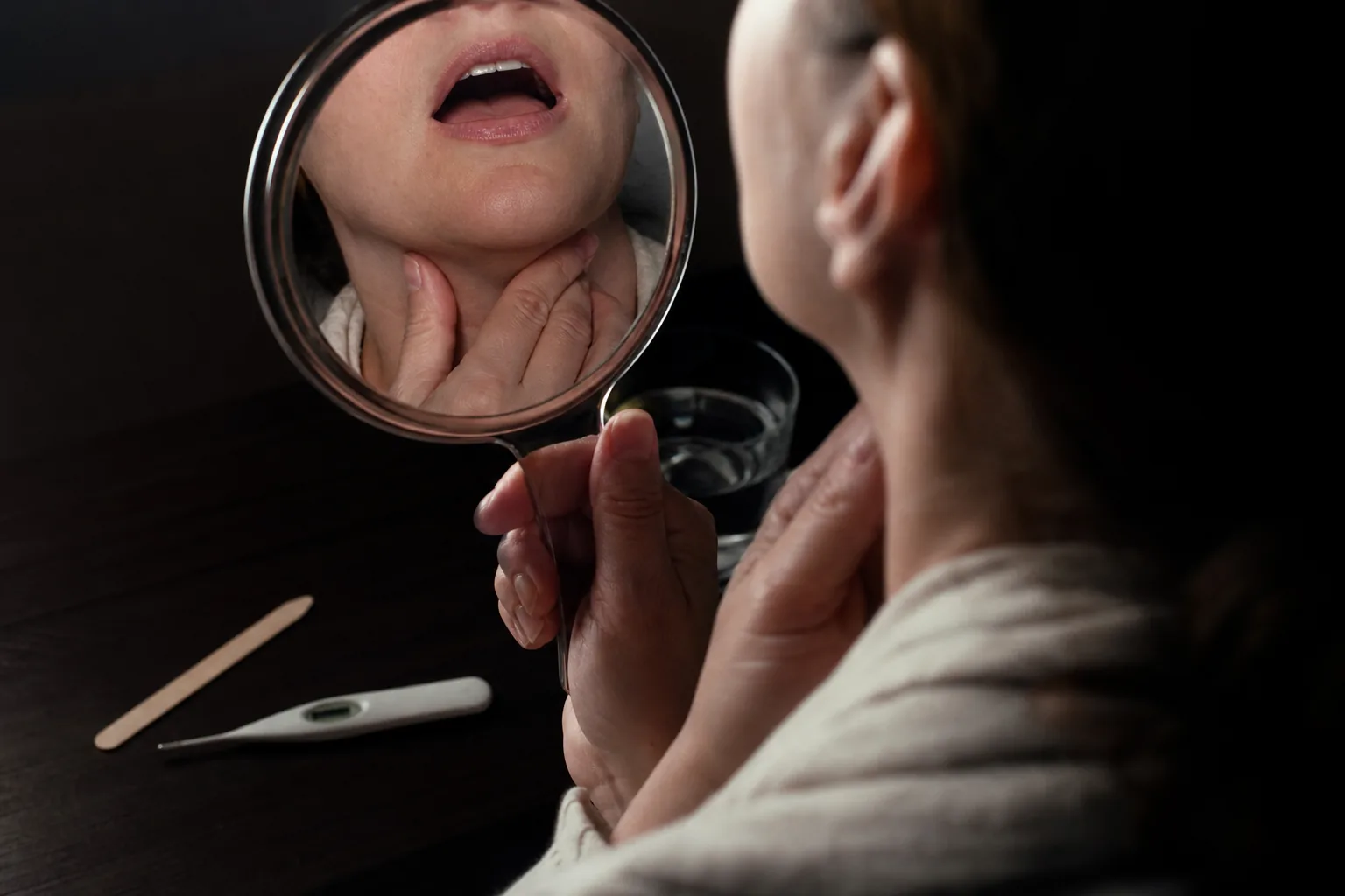 تصویر بررسی گلودرد و فارنژیت در آینه با دماسنج و آبسلانگ