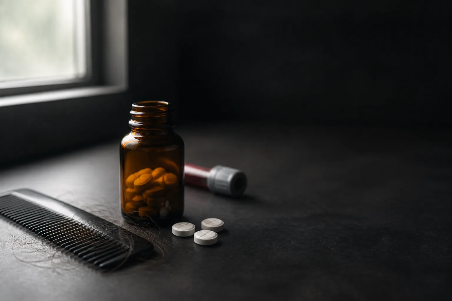 تصویر مفهومی فیناستراید با قرص، بطری دارو و شانه مو