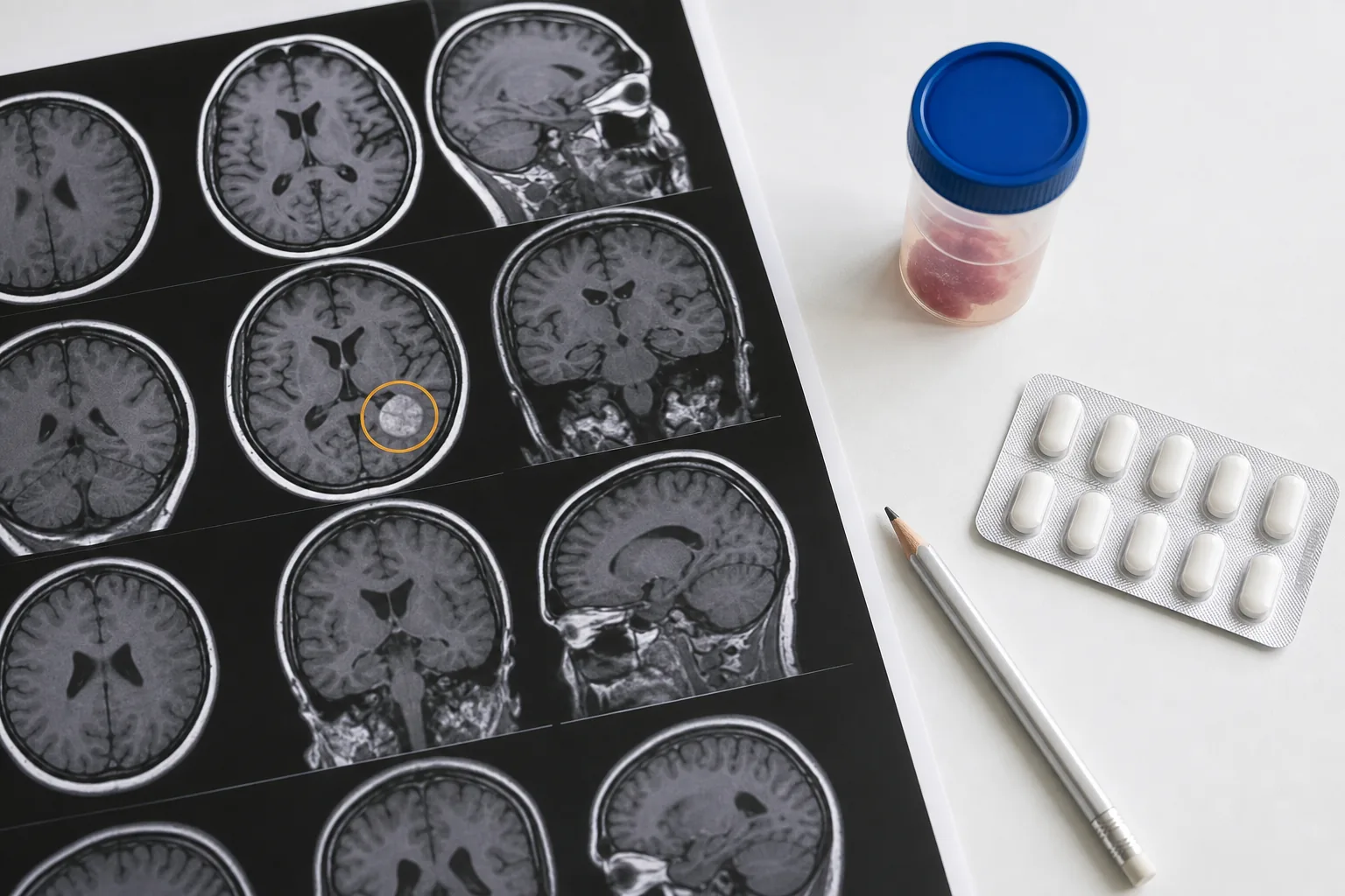 تصویر MRI مغز با نشانه‌گذاری ناحیه مشکوک به تومور برای برنامه‌ریزی تشخیص و درمان