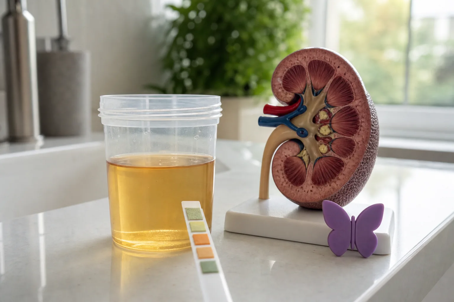 تصویر شاخص لوپوس نفریت با نمونه ادرار، نوار تست پروتئین و مدل کلیه