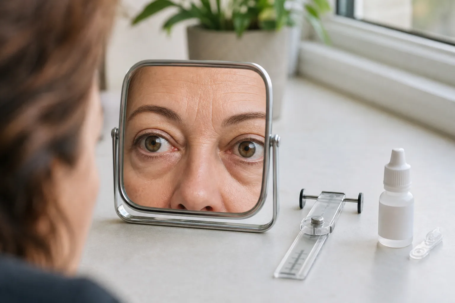 تصویر اختصاصی اوربیتوپاتی تیروئیدی با آینه، قطره چشم و ابزار اندازه‌گیری چشم